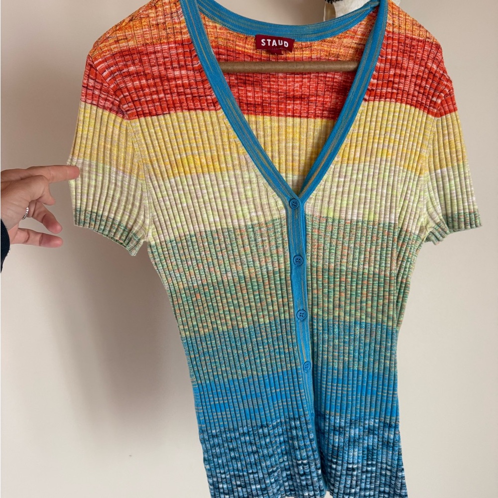 STAUD Multicolor Ribbed Short-Sleeve Button Cardigan with Teal Trim